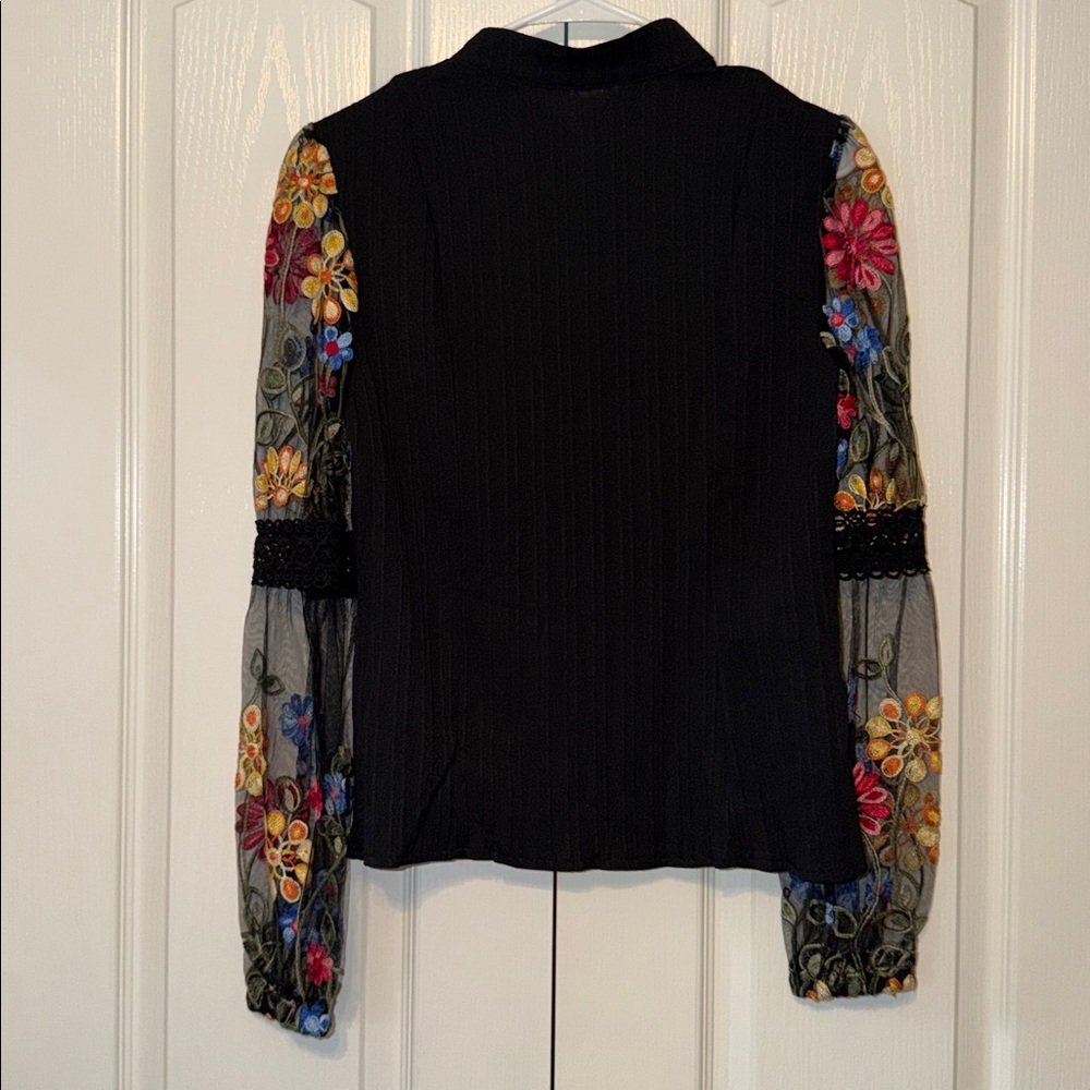 Boho Sheer Mesh Floral Embroidered Button Down Up Shirt Top Blouse Black US 4 - Picture 3 of 13